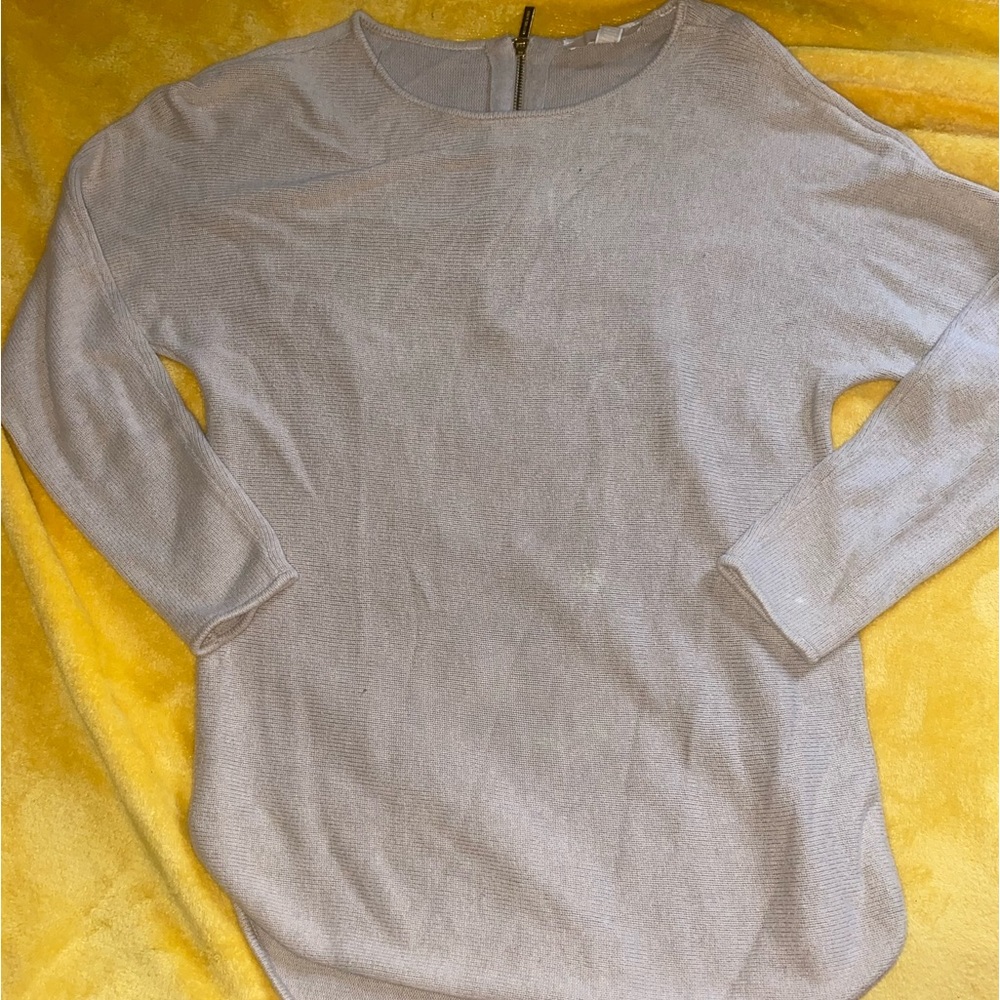 Michael Kors Hi-Lo Hem Tan Tunic Sweater with Gold Zipper down the backs